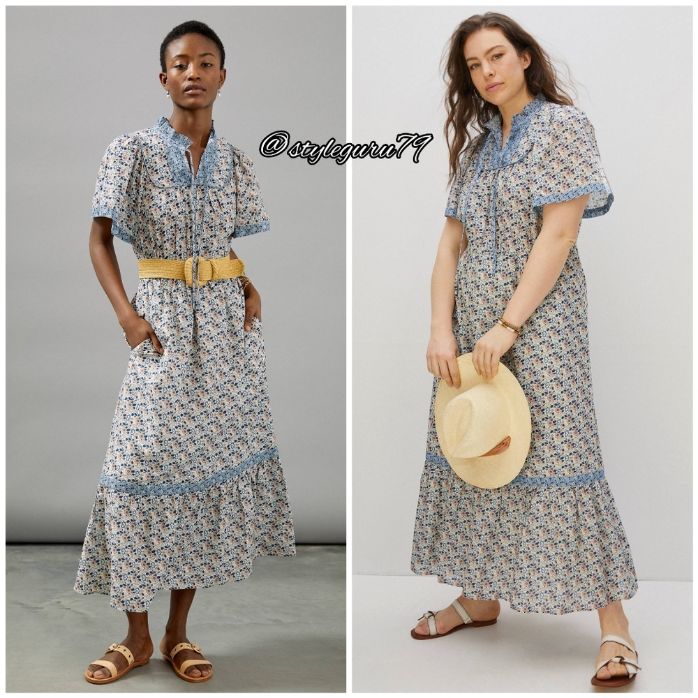 NWT, Anthropologie, Titania Flounced Floral Print Maxi Dress In BLUE PRINT